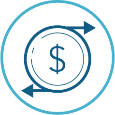 Circular icon: money flowing in and out, representing business credit management.