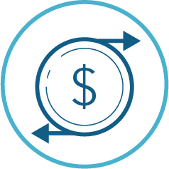 Circular icon: money flowing in and out, representing business credit management.