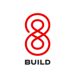 Red stylized number 8 logo for BUILD, representing growth and construction.