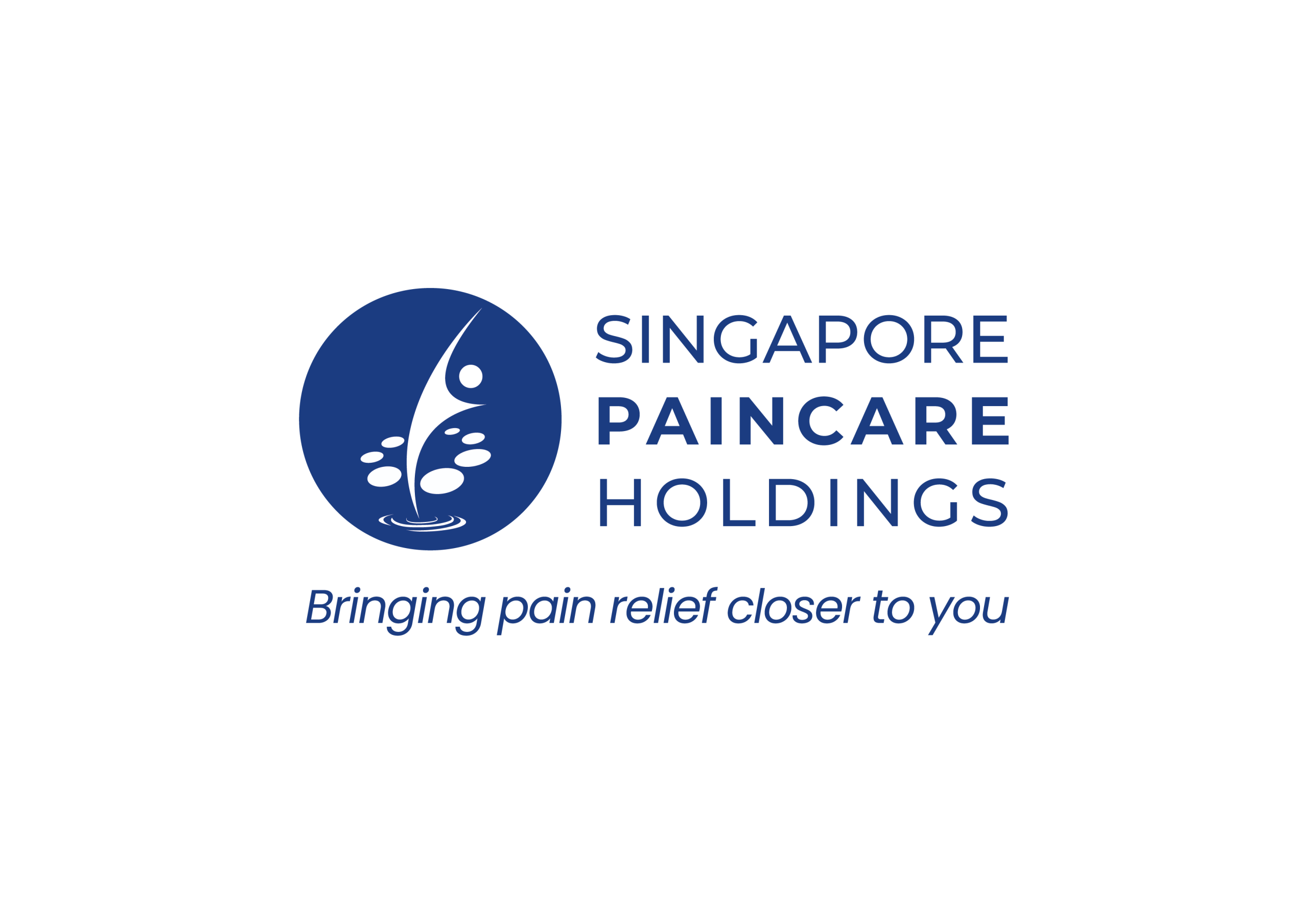 Singapore Paincare Holdings logo: blue circle with stylized person and water droplets, tagline "Bringing pain relief closer to you.