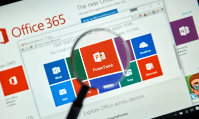Office 365 software interface highlighting PowerPoint. Ideal for business education services and training courses.
