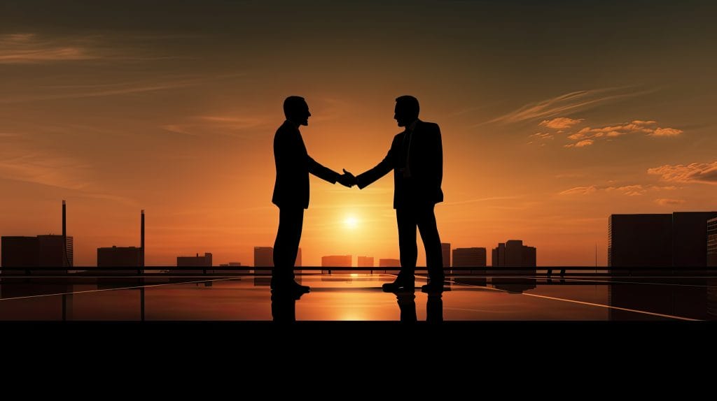 Two businessmen shaking hands at sunset, cityscape background.