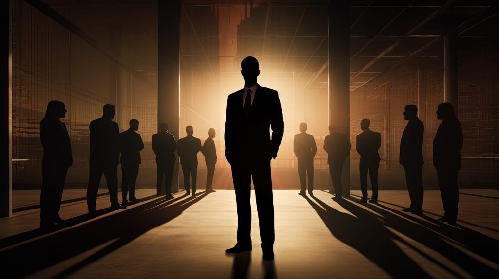 Silhouette of a businessman standing confidently before a team in a modern office building.
