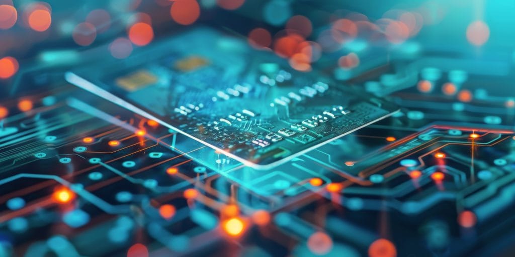 Credit card on a circuit board, representing secure online payments and digital transactions.