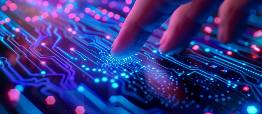 Fingers interacting with glowing circuit board, illustrating financial data analytics.