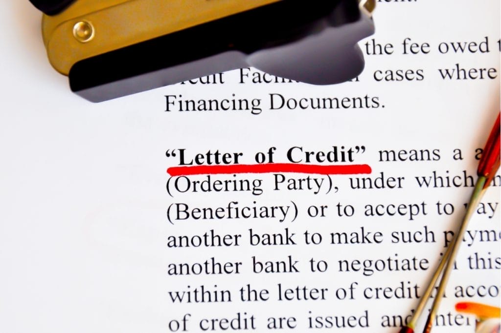 Close-up of "Letter of Credit" definition highlighted in legal document.