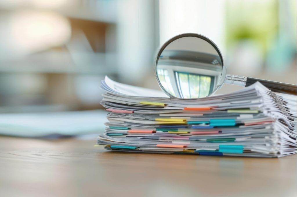 Magnifying glass on stack of papers with colorful page markers.