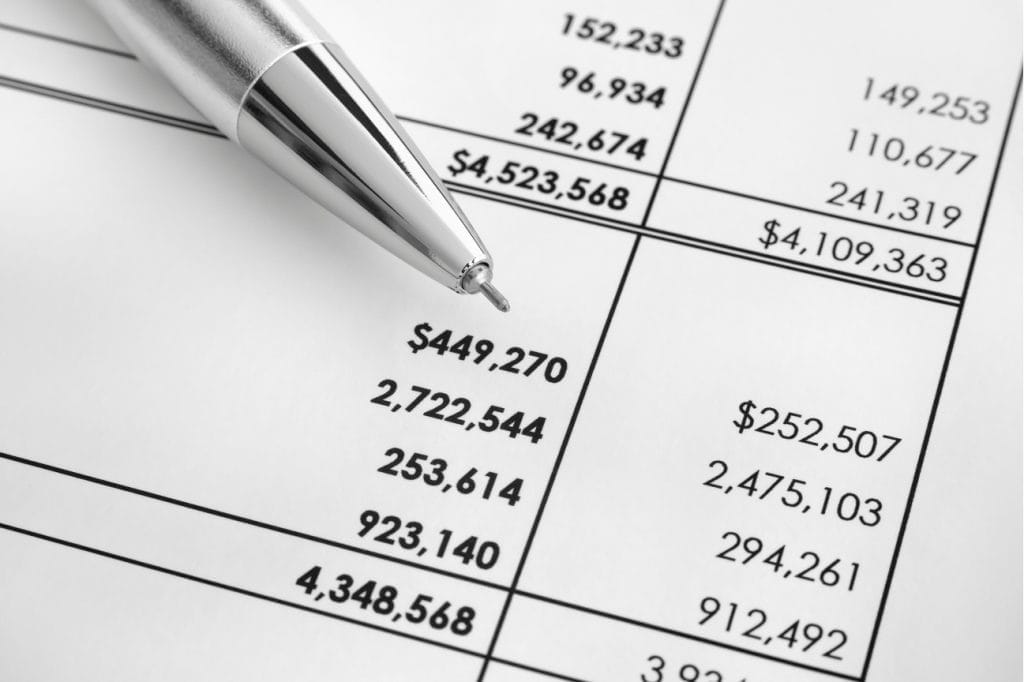 Close-up of financial statement with pen; numbers include $4,523,568 and $4,109,363.