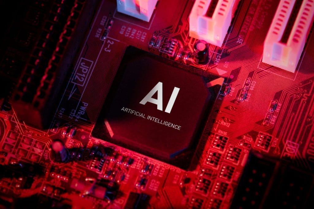 AI chip on a motherboard, labeled "Artificial Intelligence.