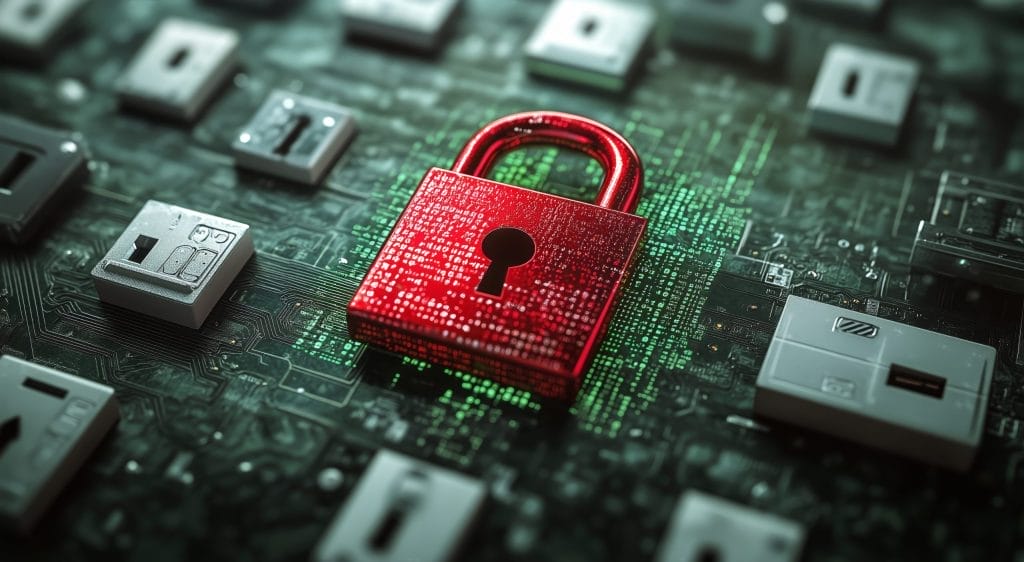 Red padlock on a circuit board, representing cybersecurity and data protection.