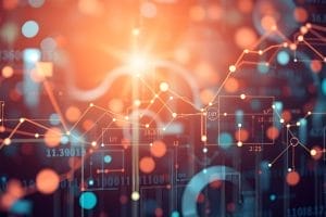 Finance Analytics data visualization with charts, graphs, and binary code overlay.